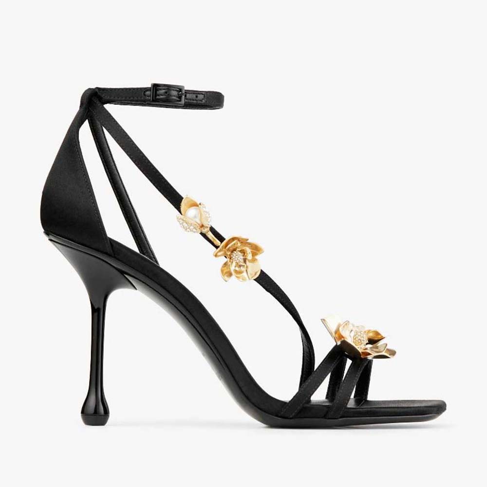 Side view of Jimmy Choo Women Zea 95 Black Satin Sandals with Metal Flowers