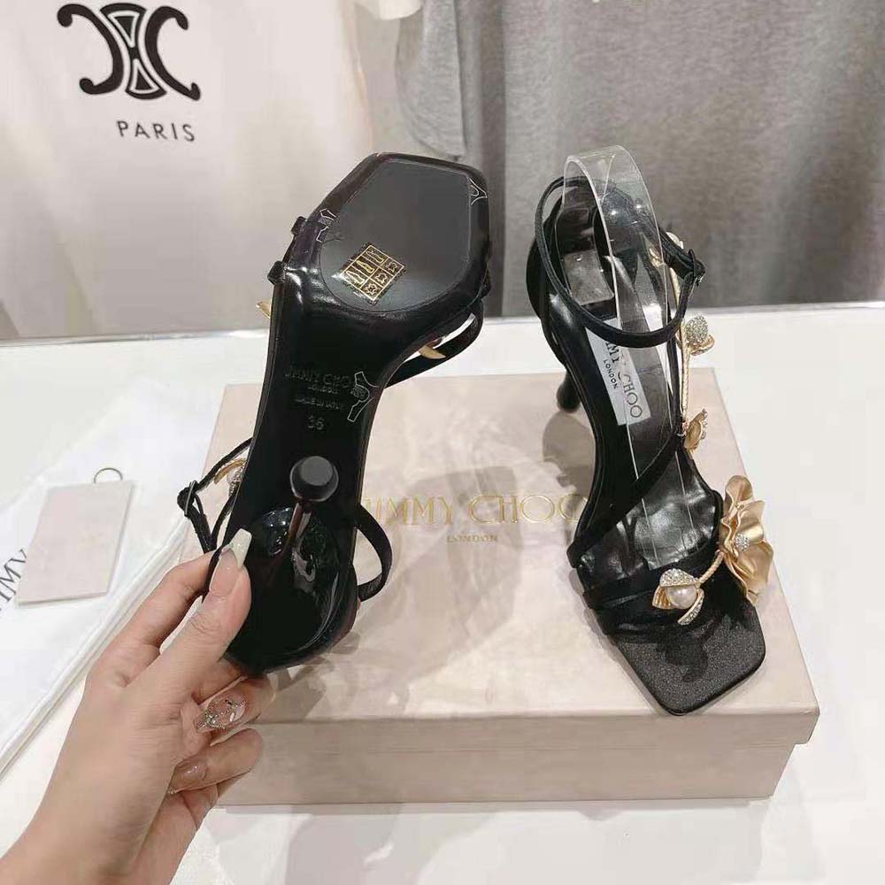 Jimmy Choo Women Zea 95 Black Satin Sandals with Metal Flowers-ZEA95BGU - image 10