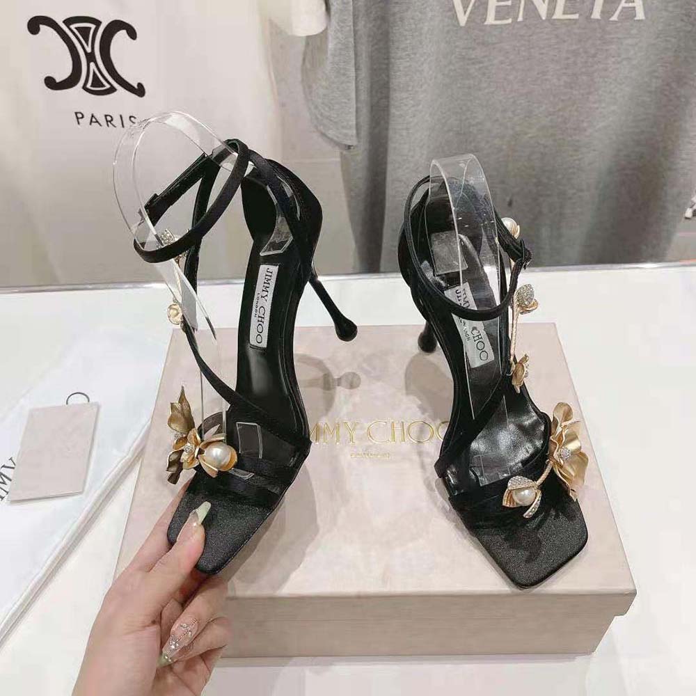 Jimmy Choo Women Zea 95 Black Satin Sandals with Metal Flowers-ZEA95BGU - image 4
