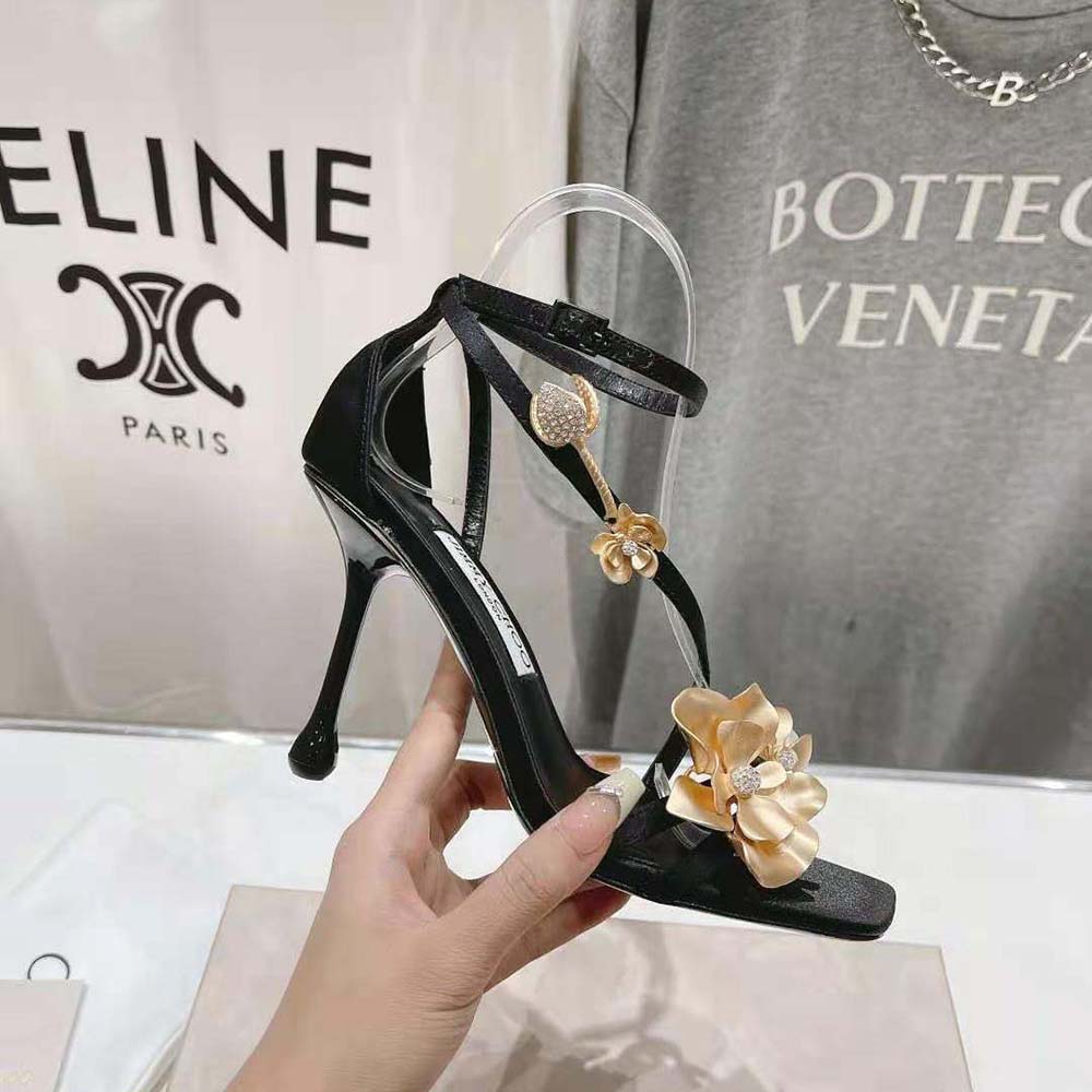 Jimmy Choo Women Zea 95 Black Satin Sandals with Metal Flowers-ZEA95BGU - image 5