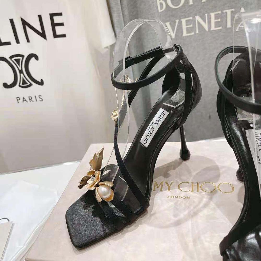 Jimmy Choo Women Zea 95 Black Satin Sandals with Metal Flowers-ZEA95BGU - image 6