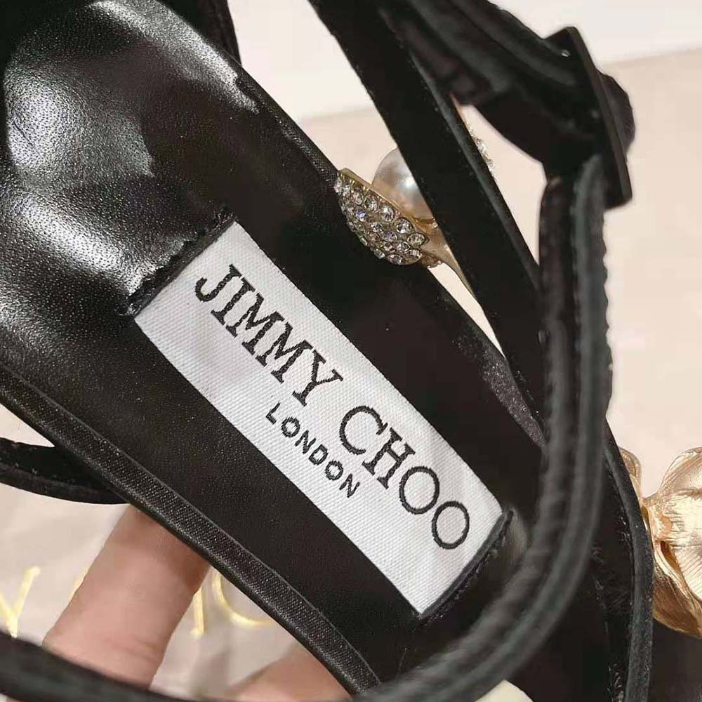 Jimmy Choo Women Zea 95 Black Satin Sandals with Metal Flowers-ZEA95BGU - image 9