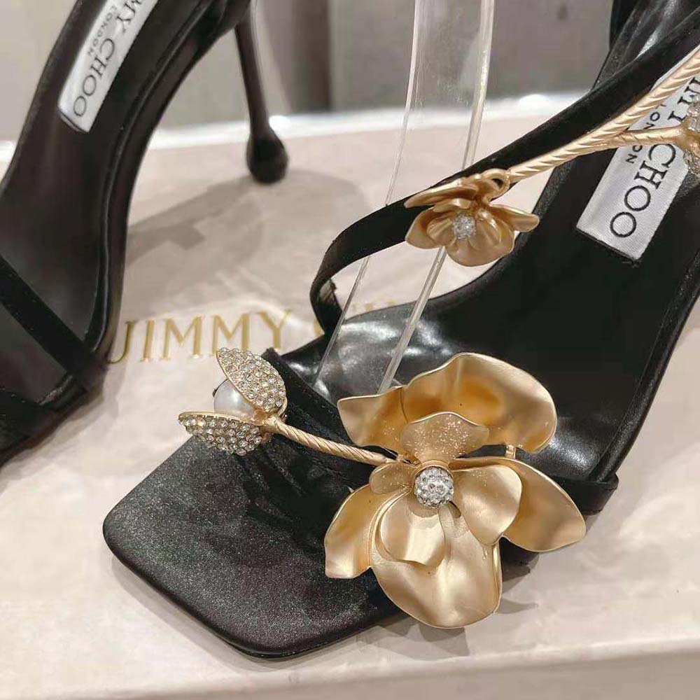 Jimmy Choo Women Zea 95 Black Satin Sandals with Metal Flowers-ZEA95BGU - image 8