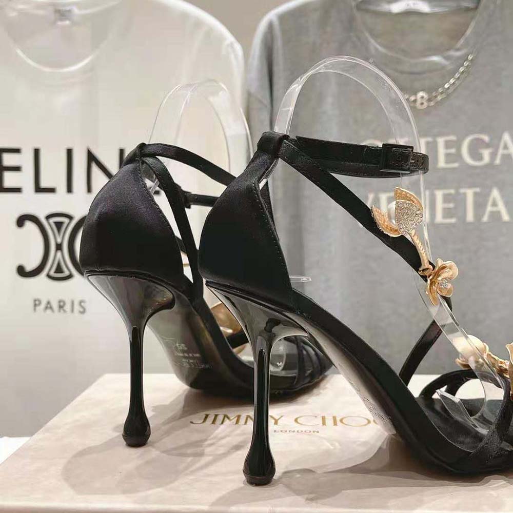 Jimmy Choo Women Zea 95 Black Satin Sandals with Metal Flowers-ZEA95BGU - image 7