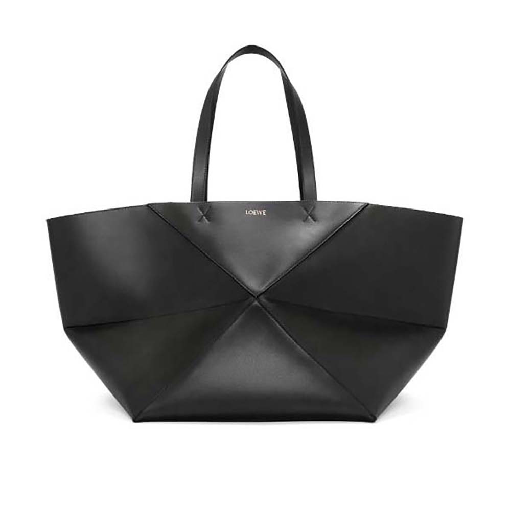 Front view of Loewe Men XL Puzzle Fold Tote in shiny black calfskin