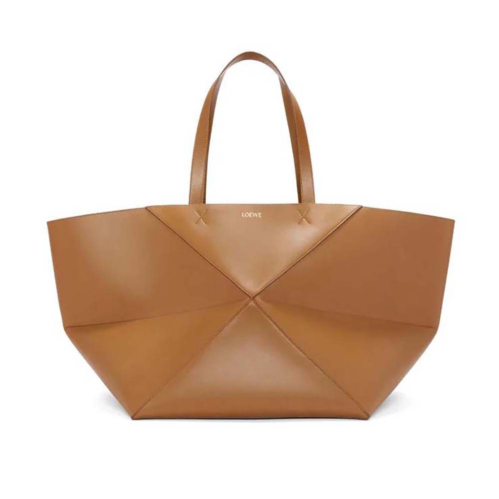 Front view of Loewe Men XL Puzzle Fold Tote in shiny brown calfskin
