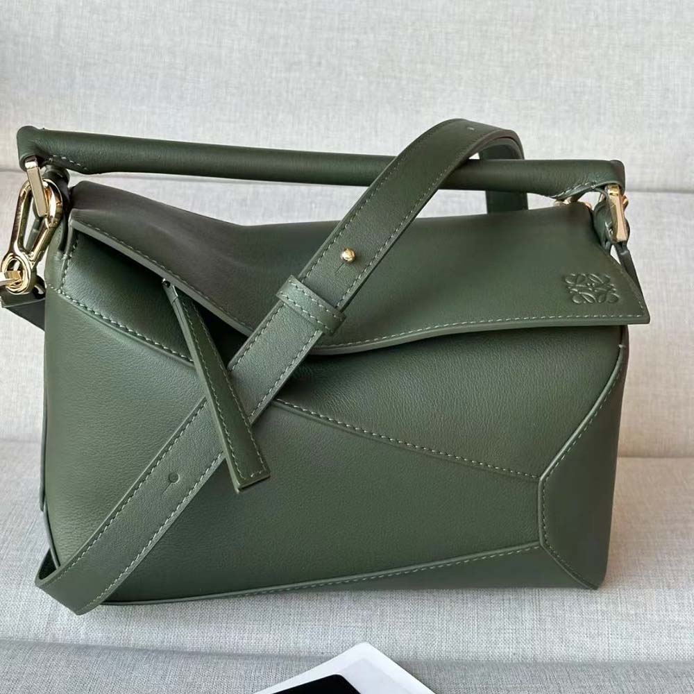 Close-up detail of geometric puzzle stitching on Loewe Small Puzzle Bag