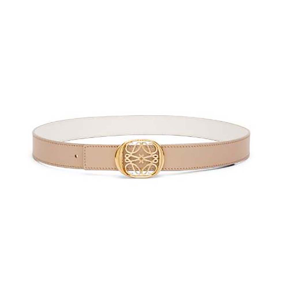 Close-up of Loewe Women Reversible Anagram Ellipse Belt black leather buckle