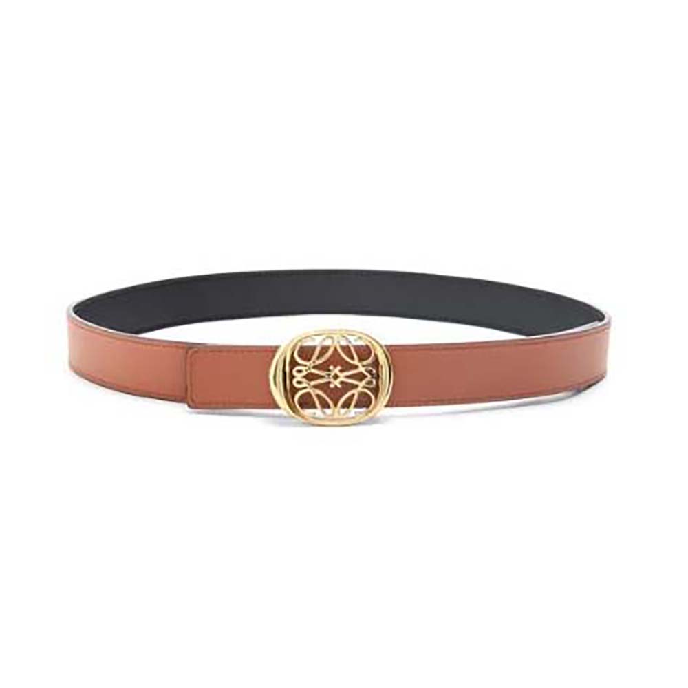 Front view of Loewe Women Reversible Anagram Ellipse Belt in tan leather