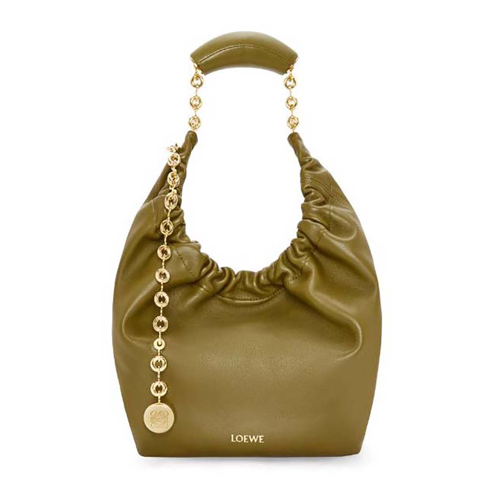 Front view of Loewe Women Small Squeeze Bag in dark green nappa lambskin