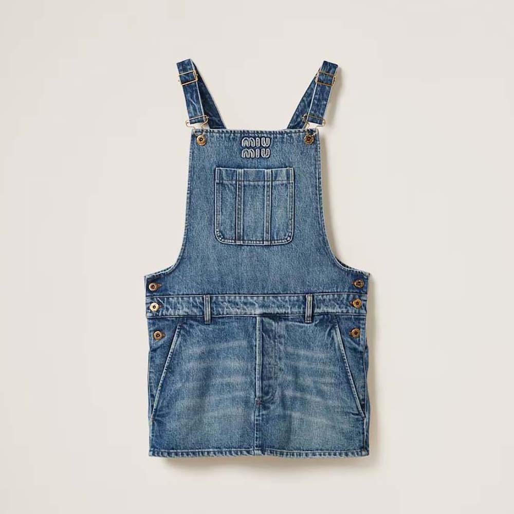 Front view of Miu Miu Women Denim Bib Mini-dress Navy with signature bib detail