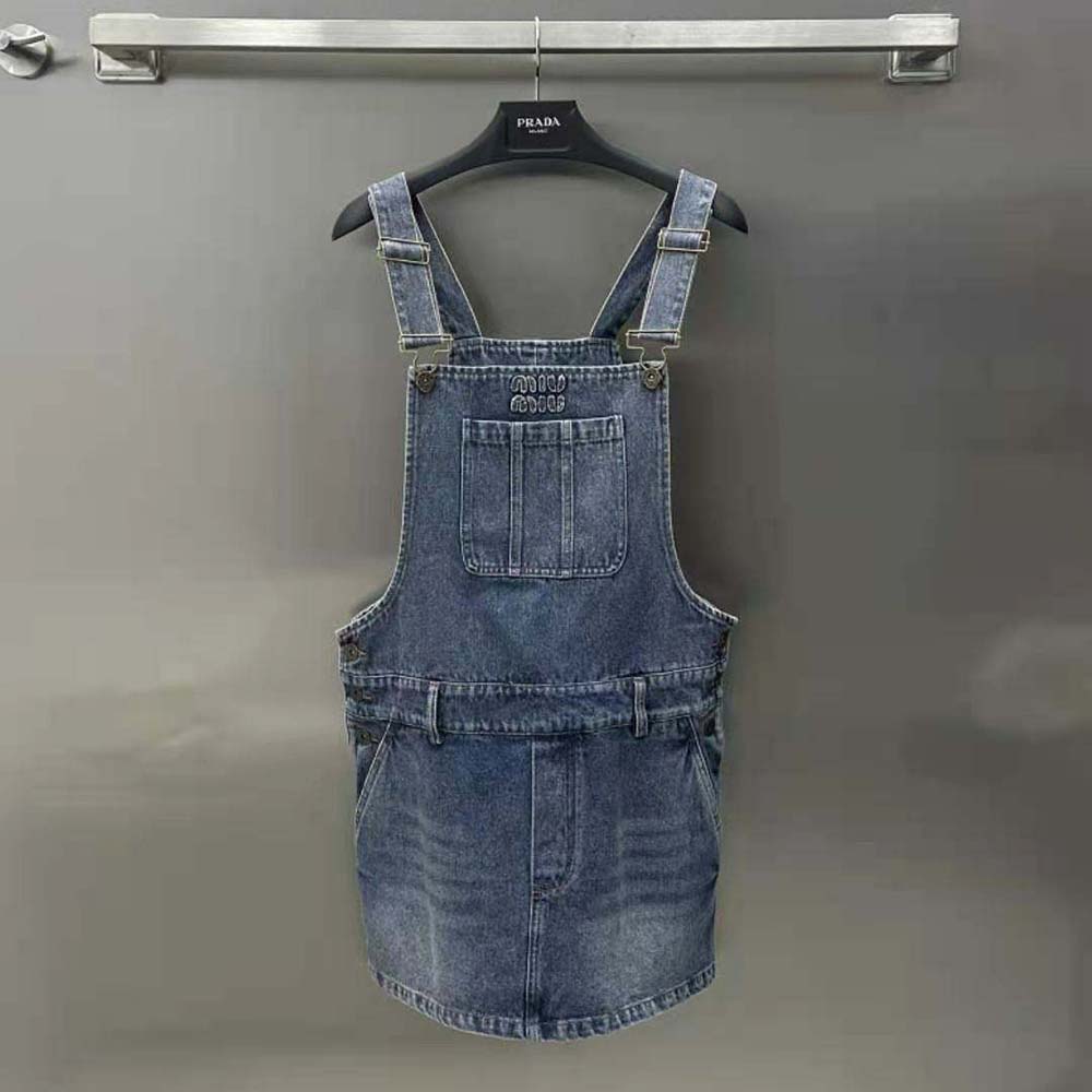 Close-up of silver hardware on Miu Miu Women Denim Bib Mini-dress Navy