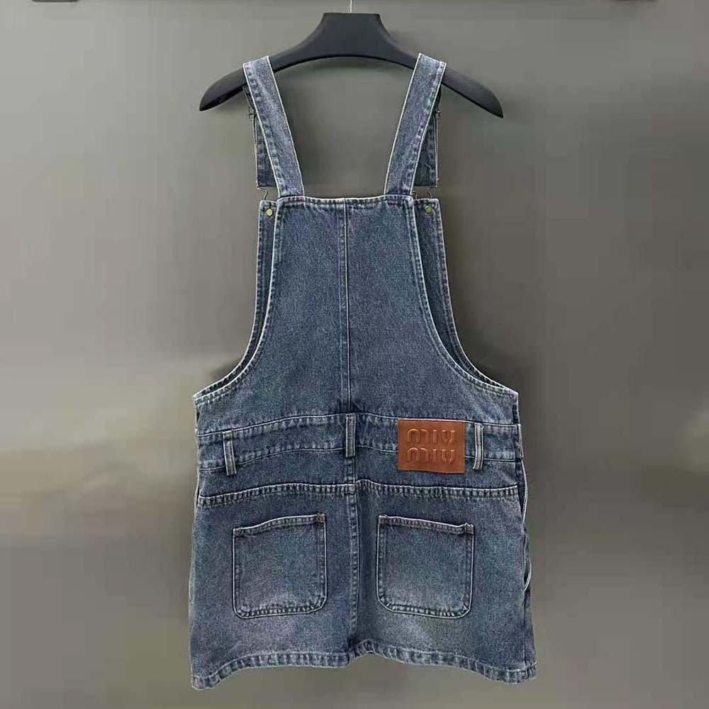 Side angle showing silhouette of Miu Miu Women Denim Bib Mini-dress Navy