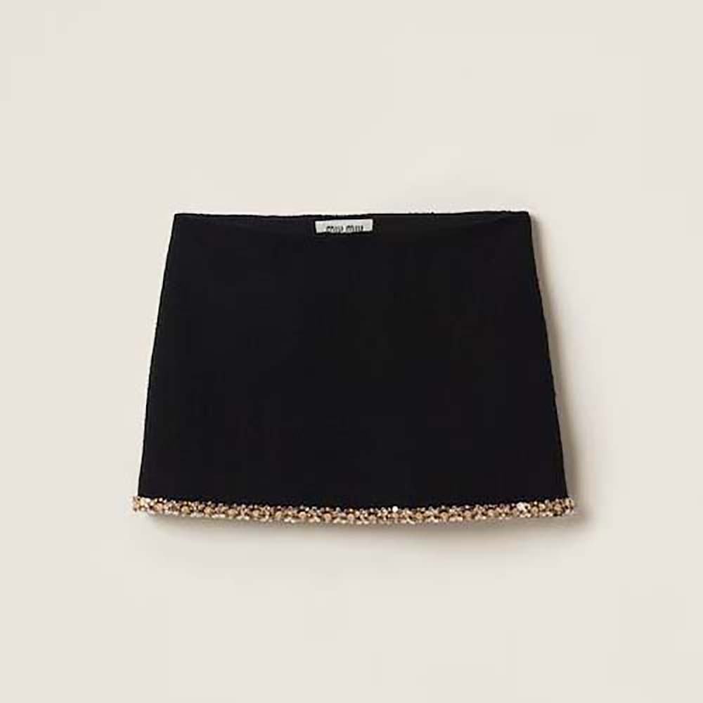 Front view of Miu Miu Women Embroidered Tweed Miniskirt in black