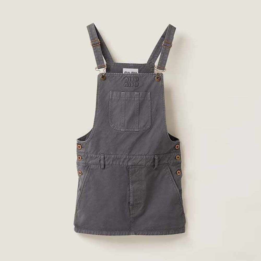 Front view of Miu Miu Women Garment-dyed Gabardine Overall Mini-dress in gray