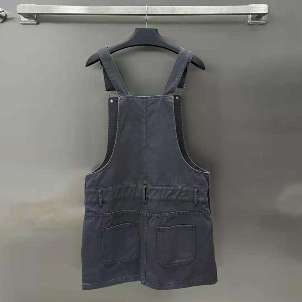 Side angle showing silhouette of Miu Miu Women Garment-dyed Gabardine Overall Mini-dress