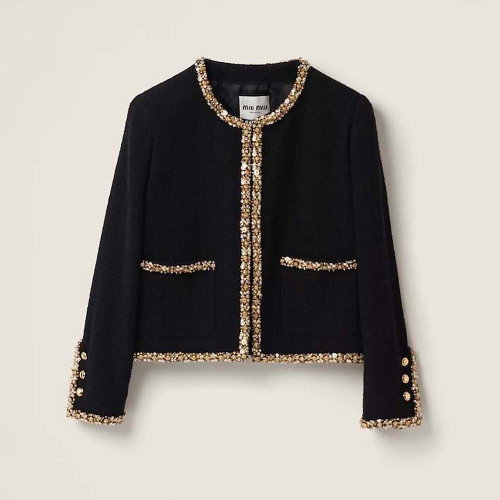 Front view of Miu Miu Women Single-breasted Tweed Jacket in black