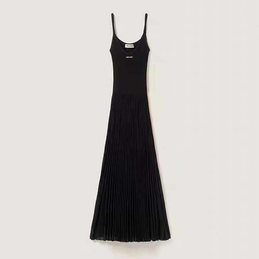 Front view of Miu Miu Women Viscose Dress With Intarsia Logo-Black