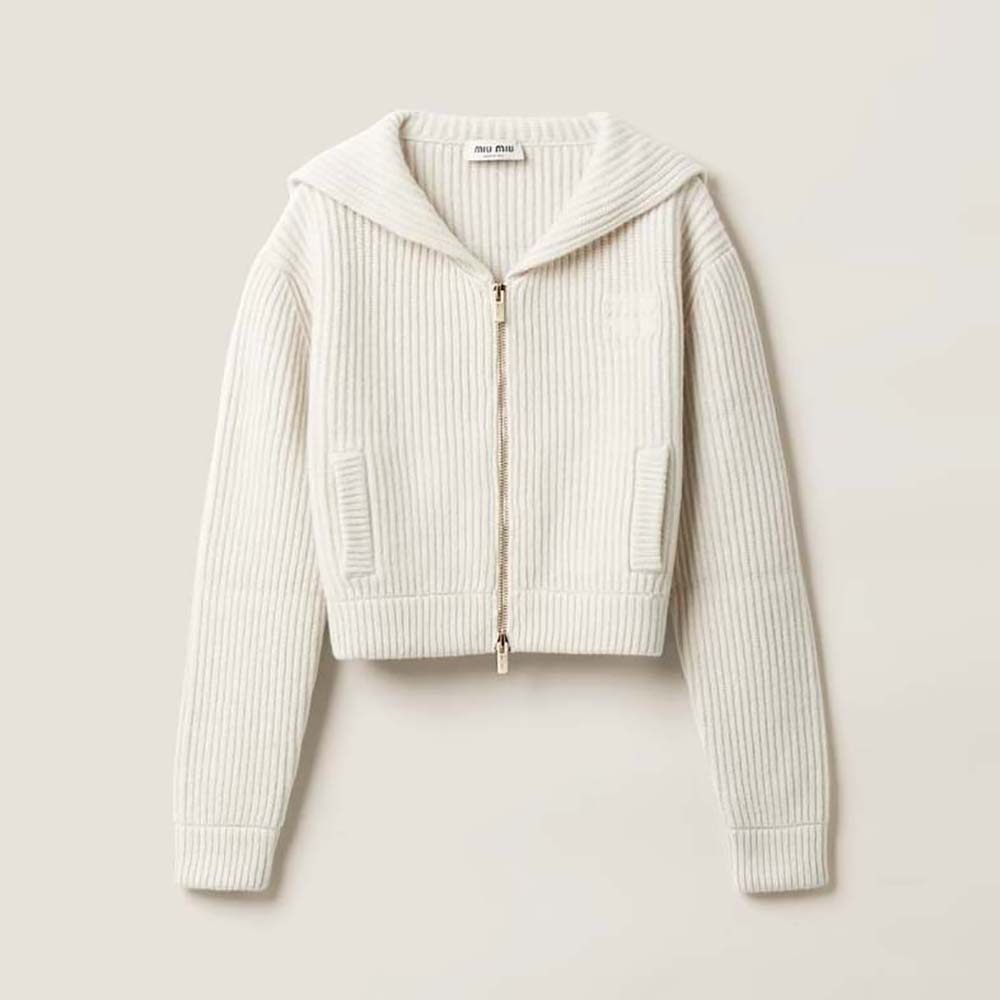 Front view of Miu Miu Women Wool and Cashmere Knit Cardigan-MMF846 in white