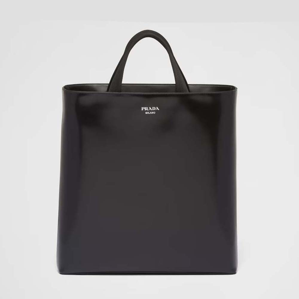 Front view of Prada Men Brushed Leather Tote with Water Bottle in black
