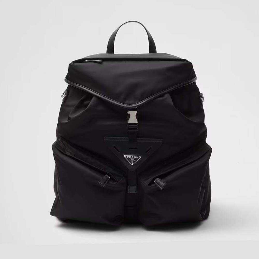 Front view of Prada Unisex Re-Nylon and Leather Backpack-Black