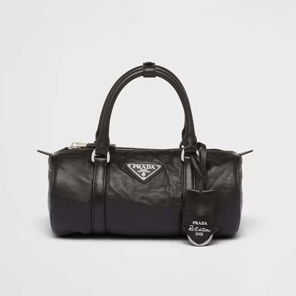 Front view of Prada Women Antique Nappa Leather Handbag-Black showing zipper