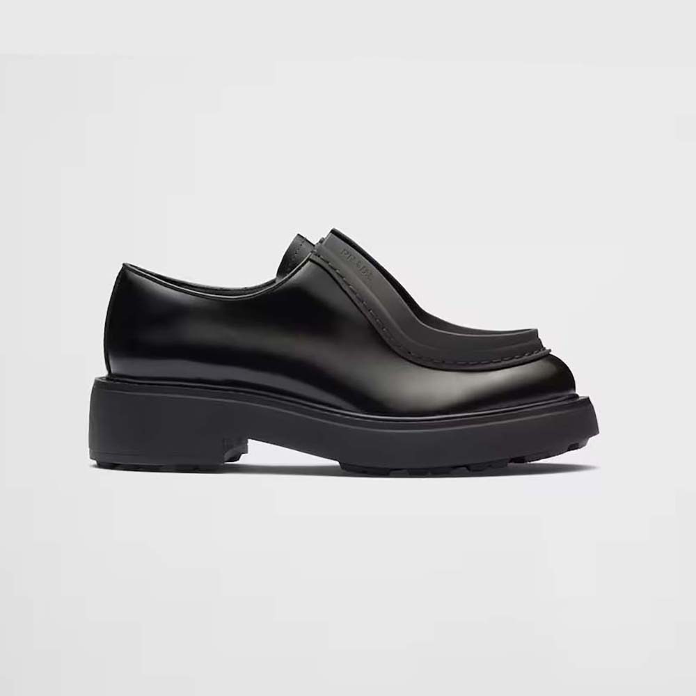 Side profile of Prada Women Brushed Leather Lace-up Shoes-Black showing silhouette