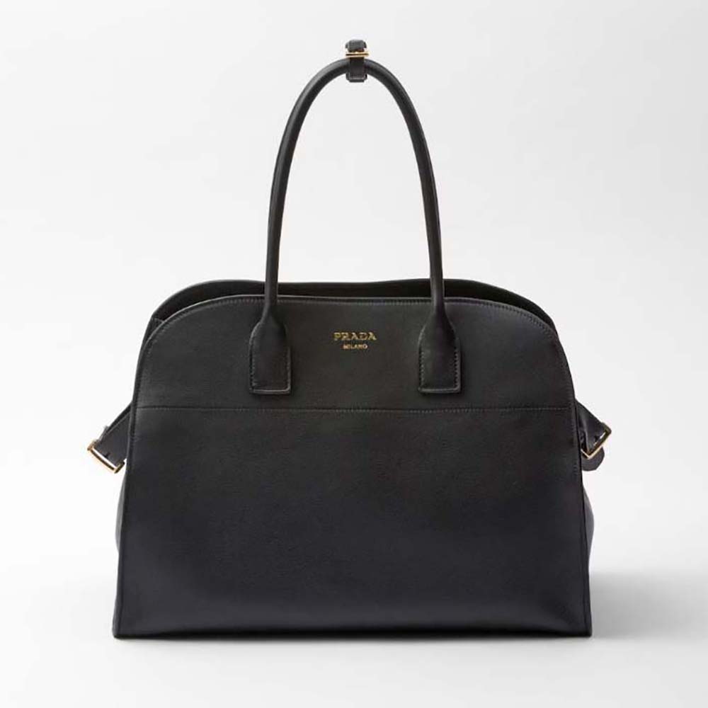 Front view of Prada Women Large Leather Tote Bag with Buckles-Black