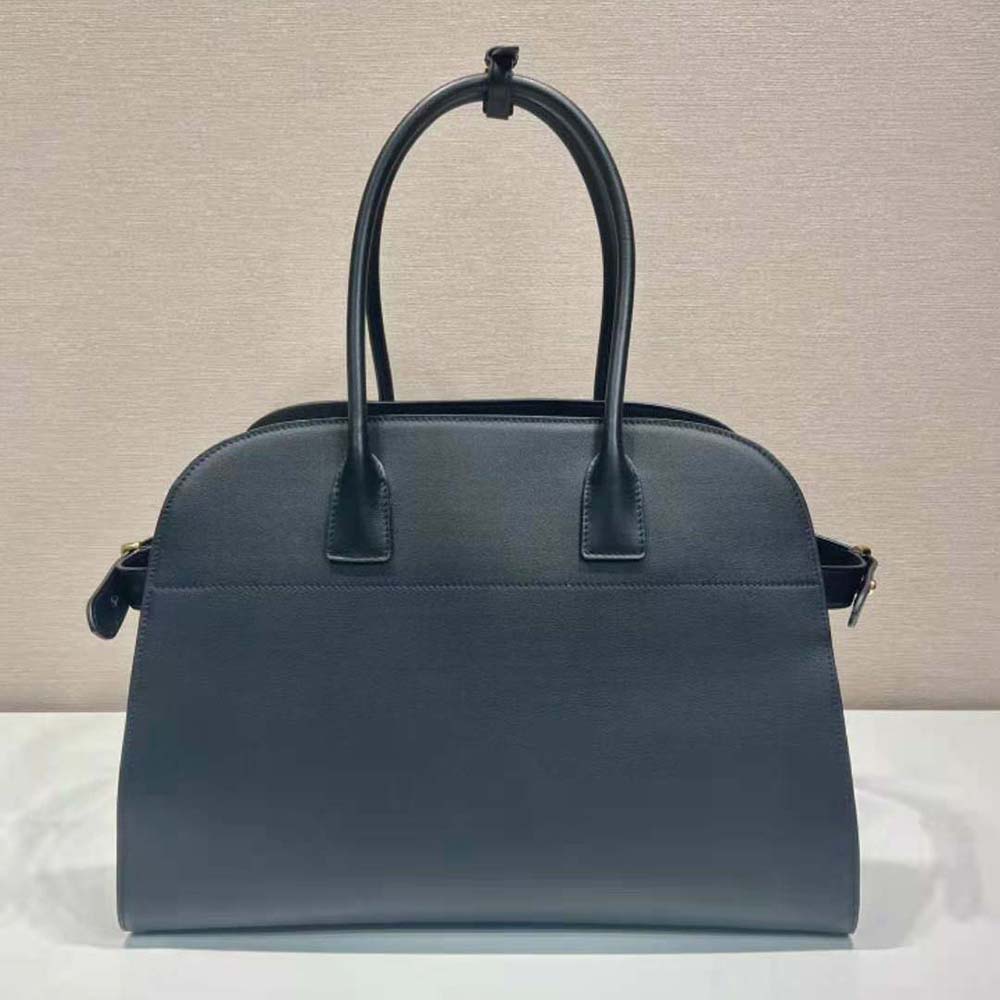 Side angle showing spacious interior of Prada Women Large Leather Tote Bag with Buckles-Black
