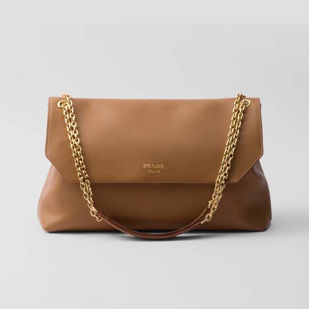 Front view of Prada Women Large leather Shoulder Bag-Brown with flap closed