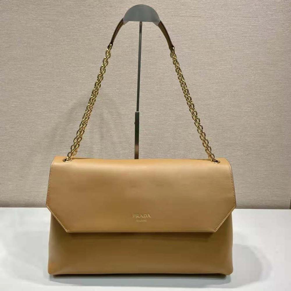 Side profile showing spacious interior of Prada Women Large leather Shoulder Bag-Brown