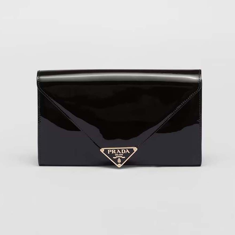 Front view of Prada Women Patent Leather Mini-bag-Black with flap detail