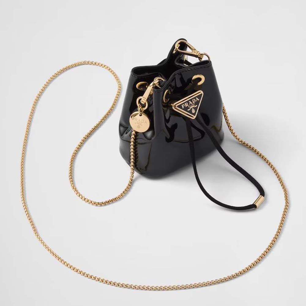 Front view of Prada Women Patent Leather Mini-pouch-Black showing signature logo