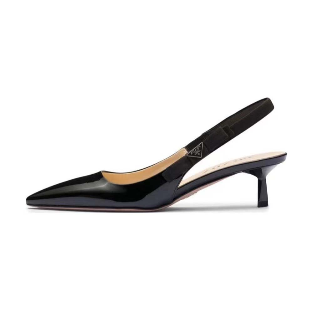 Side angle of Prada Women Patent-Leather Slingback Pumps-Black showing slingback strap