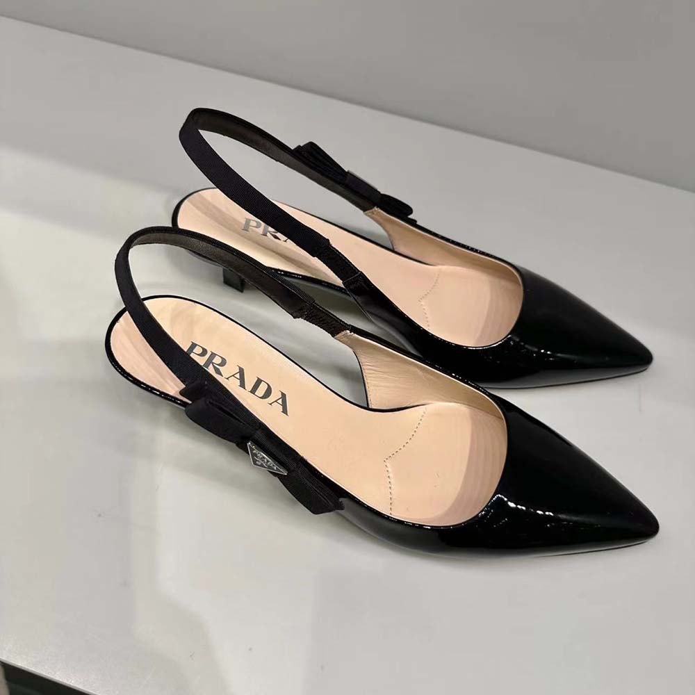 Close-up of glossy patent leather toe on Prada Women Patent-Leather Slingback Pumps-Black
