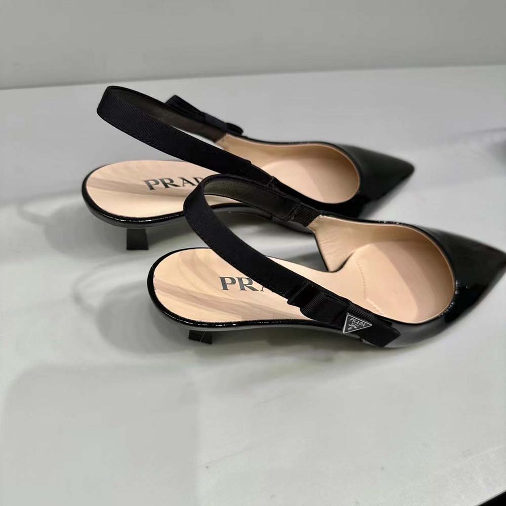 Back view highlighting adjustable buckle on Prada Women Patent-Leather Slingback Pumps-Black