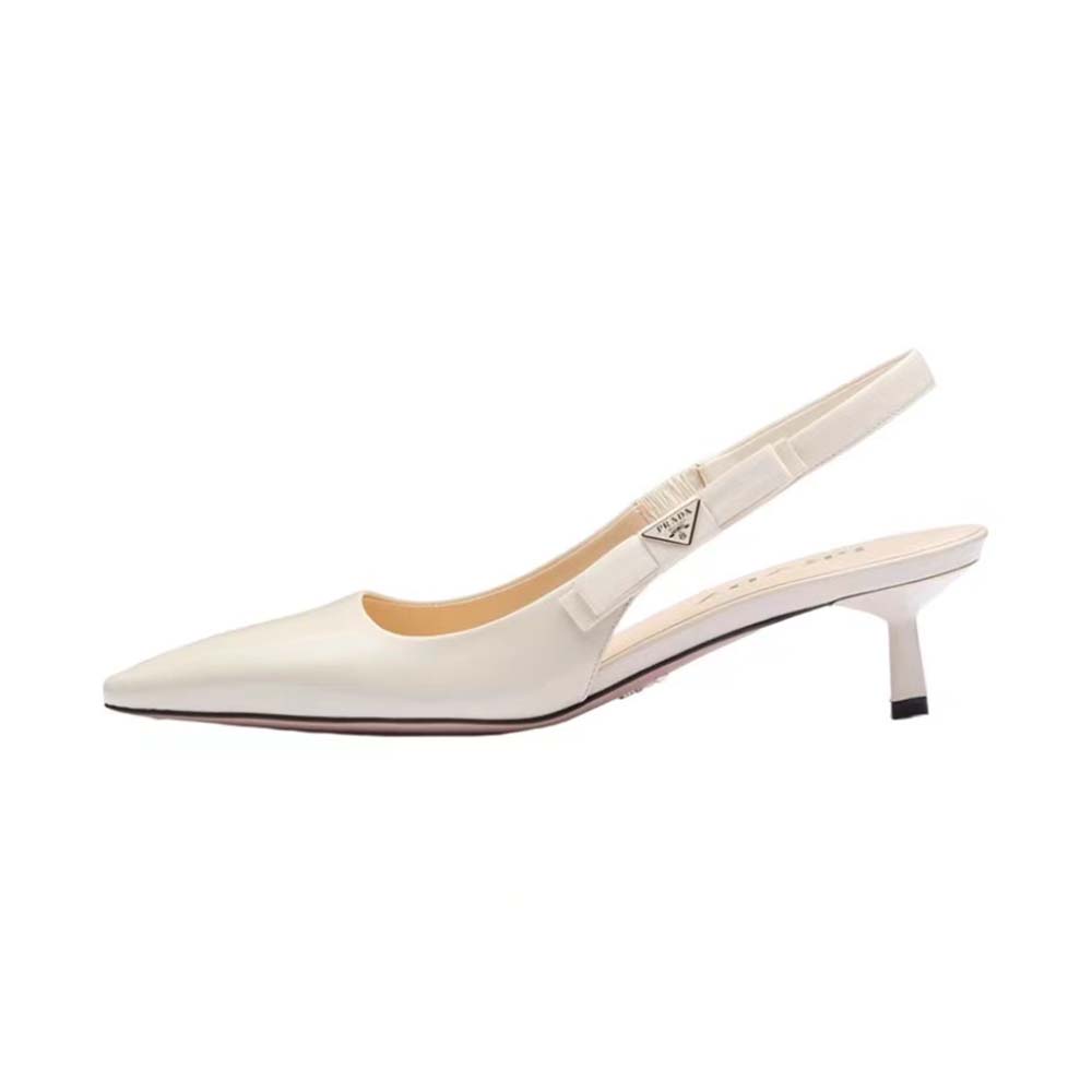 Side view of Prada Women Patent-Leather Slingback Pumps-White showcasing silhouette