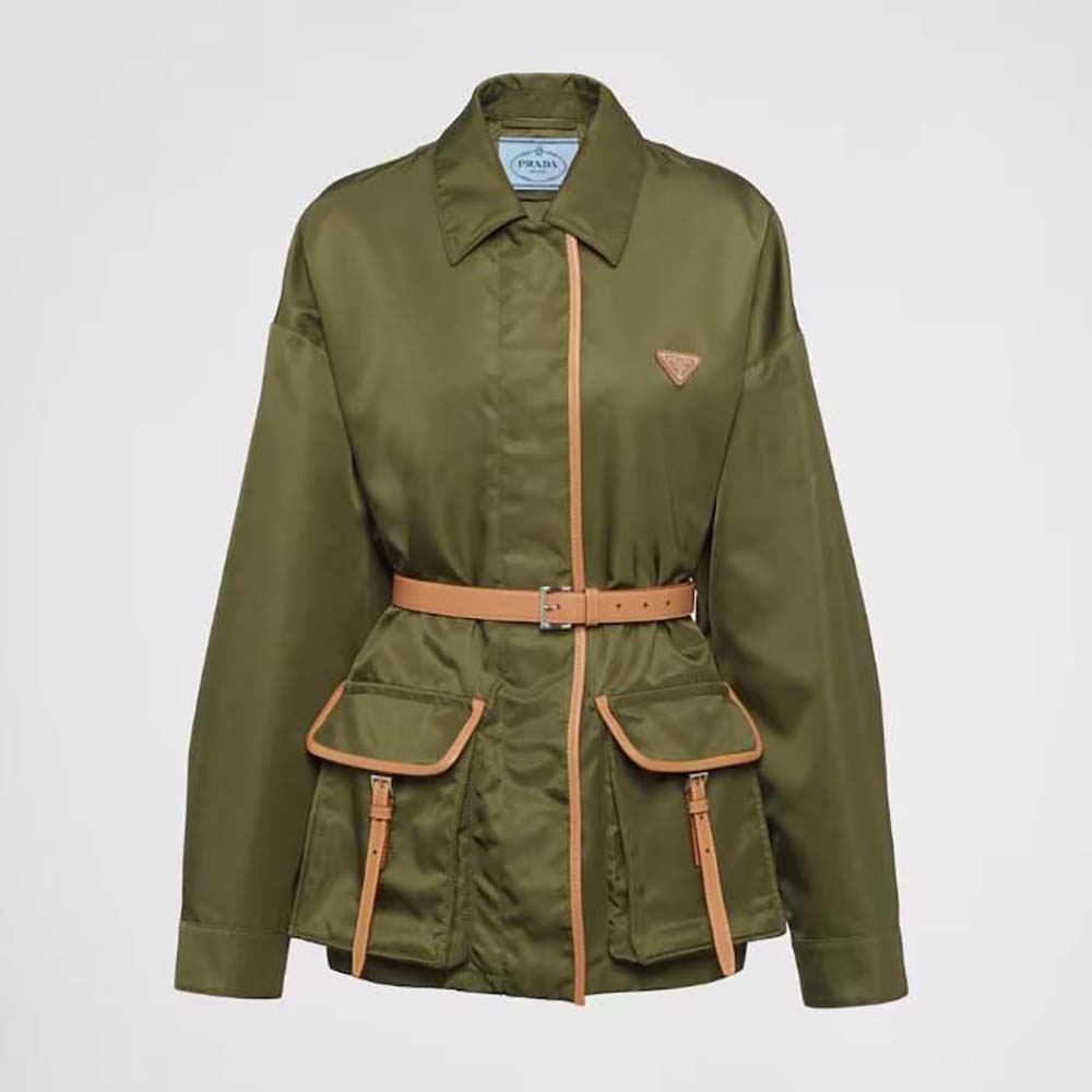 Front view of Prada Women Re-Nylon Jacket-Green with zipped closure