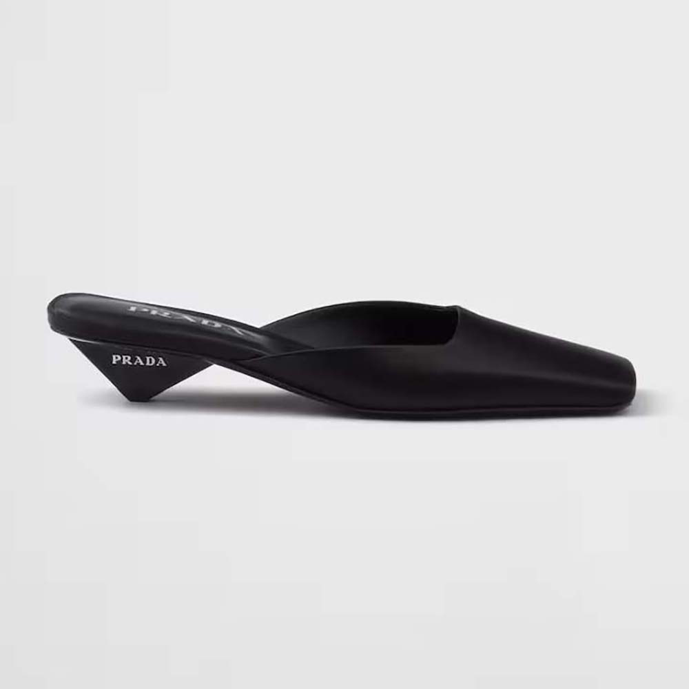 Front angle of Prada Women Satin Mules-Black showing sleek silhouette