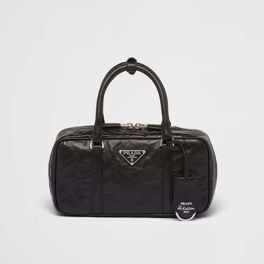 Front view of Prada Women Small Antique Nappa Leather Top Handle Bag-Black