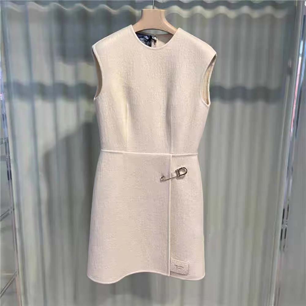 Close-up of oversized safety pin detail on Prada Women Washed Twill Minidress