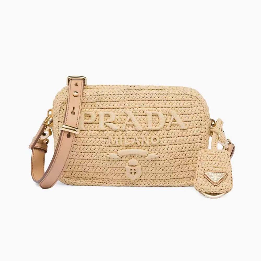 Front view of Prada Women Woven Fabric Mini-pouch in beige