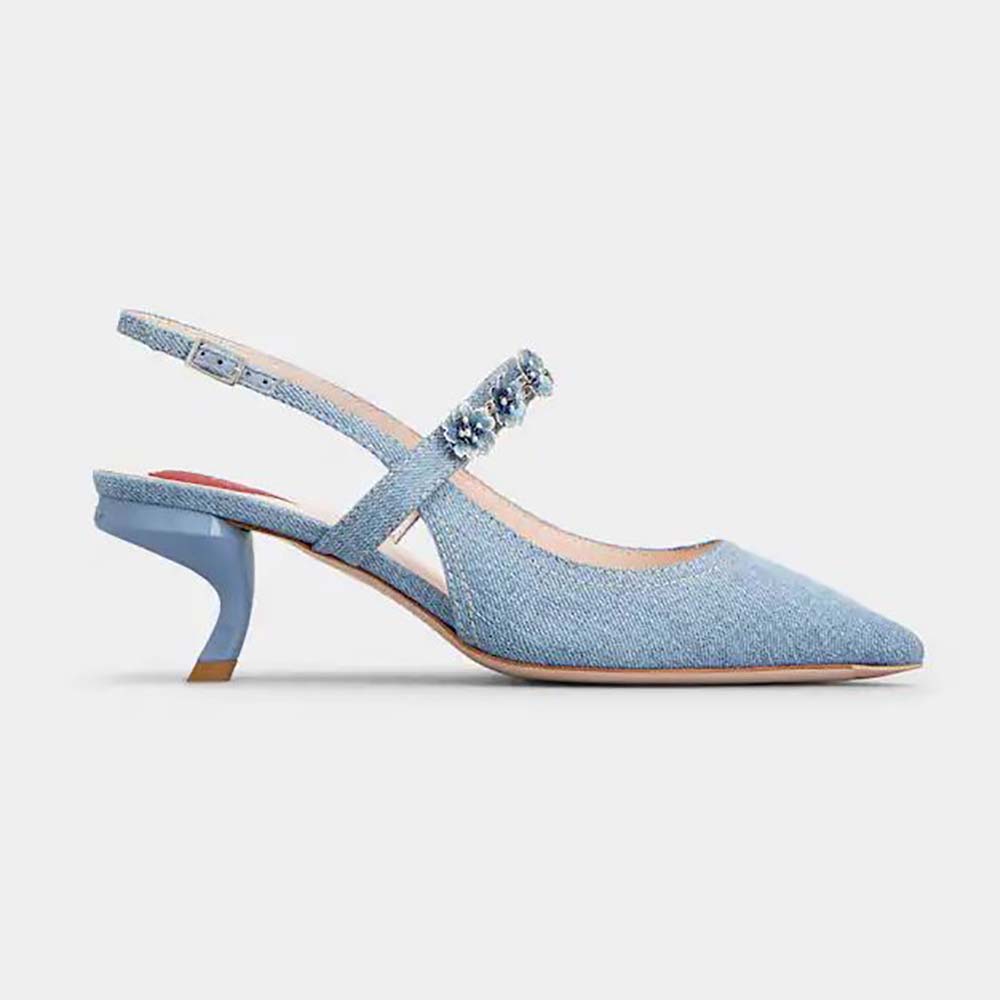 Side view of Roger Vivier Women Virgule Flower Slingback Pumps in Denim