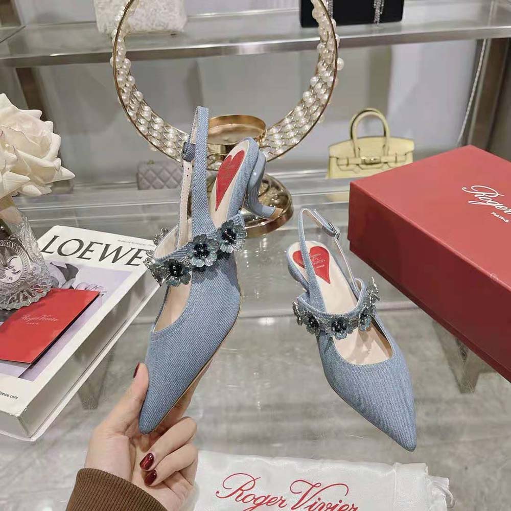 Roger Vivier Women Virgule Flower Slingback Pumps in Denim - image 6