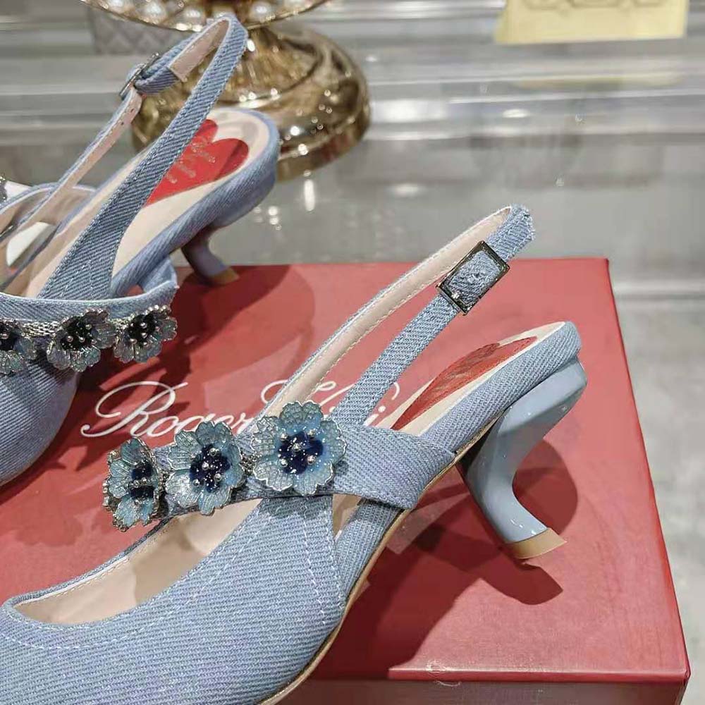 Roger Vivier Women Virgule Flower Slingback Pumps in Denim - image 7