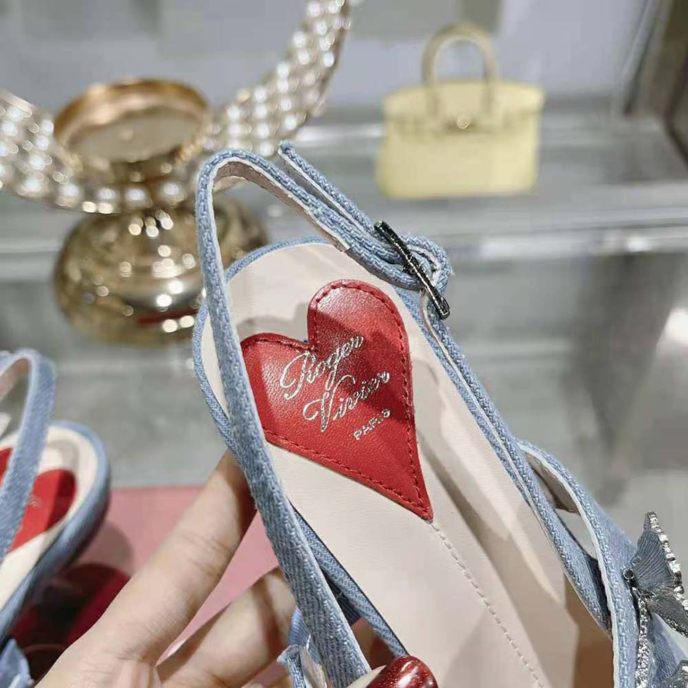 Roger Vivier Women Virgule Flower Slingback Pumps in Denim - image 8