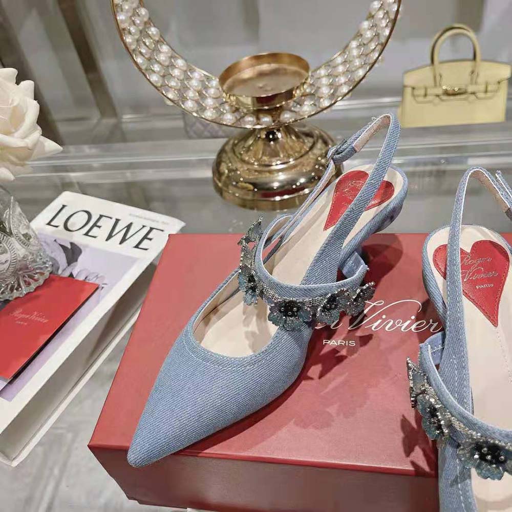 Roger Vivier Women Virgule Flower Slingback Pumps in Denim - image 5