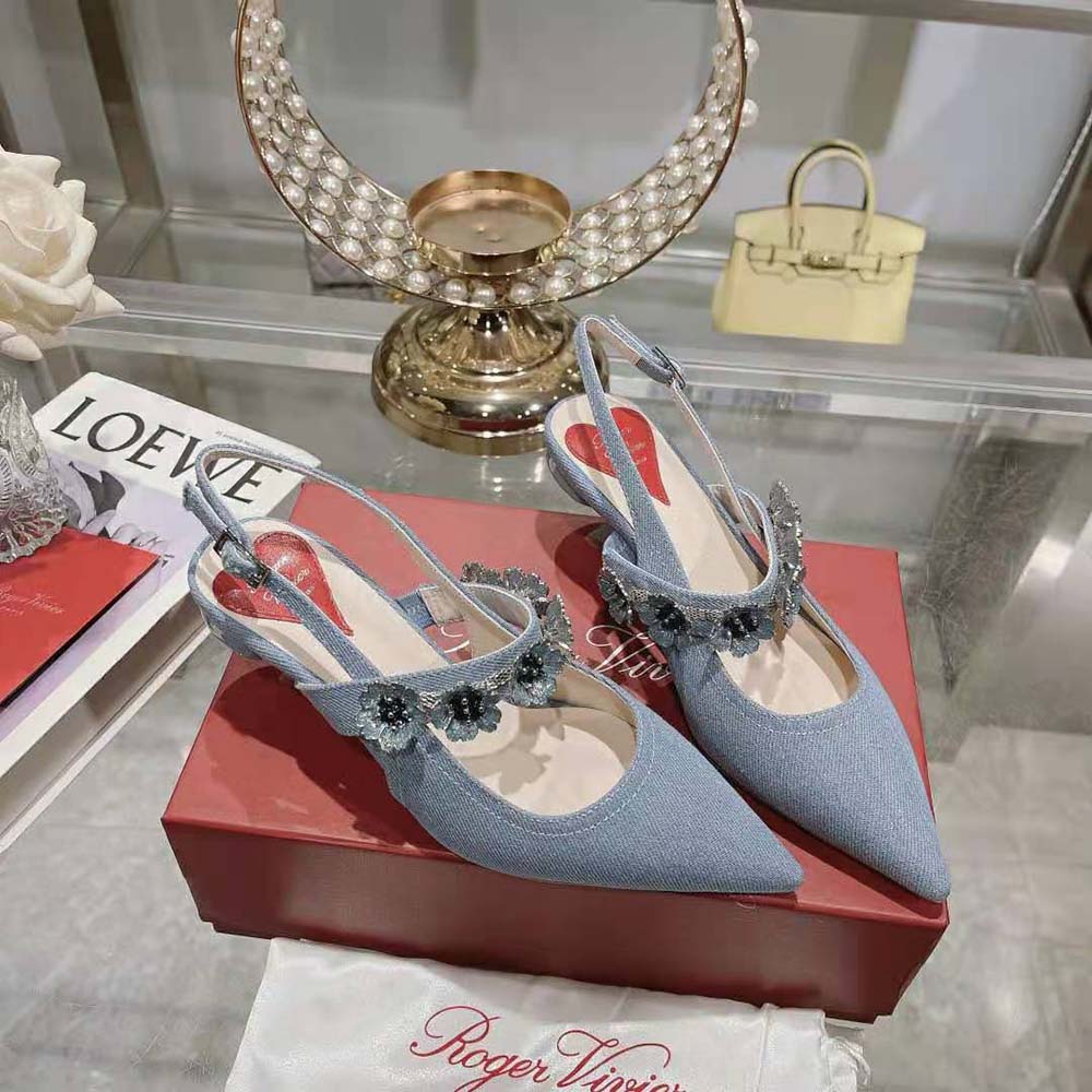 Roger Vivier Women Virgule Flower Slingback Pumps in Denim - image 4