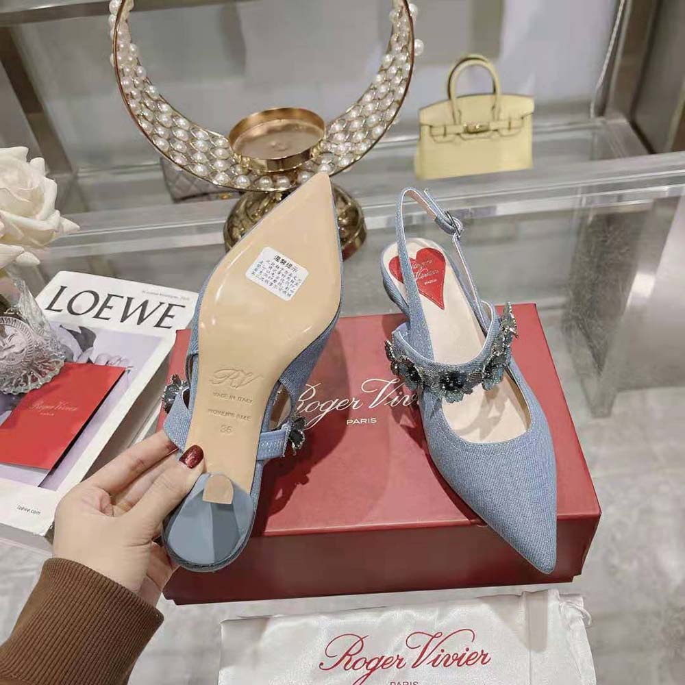 Roger Vivier Women Virgule Flower Slingback Pumps in Denim - image 9