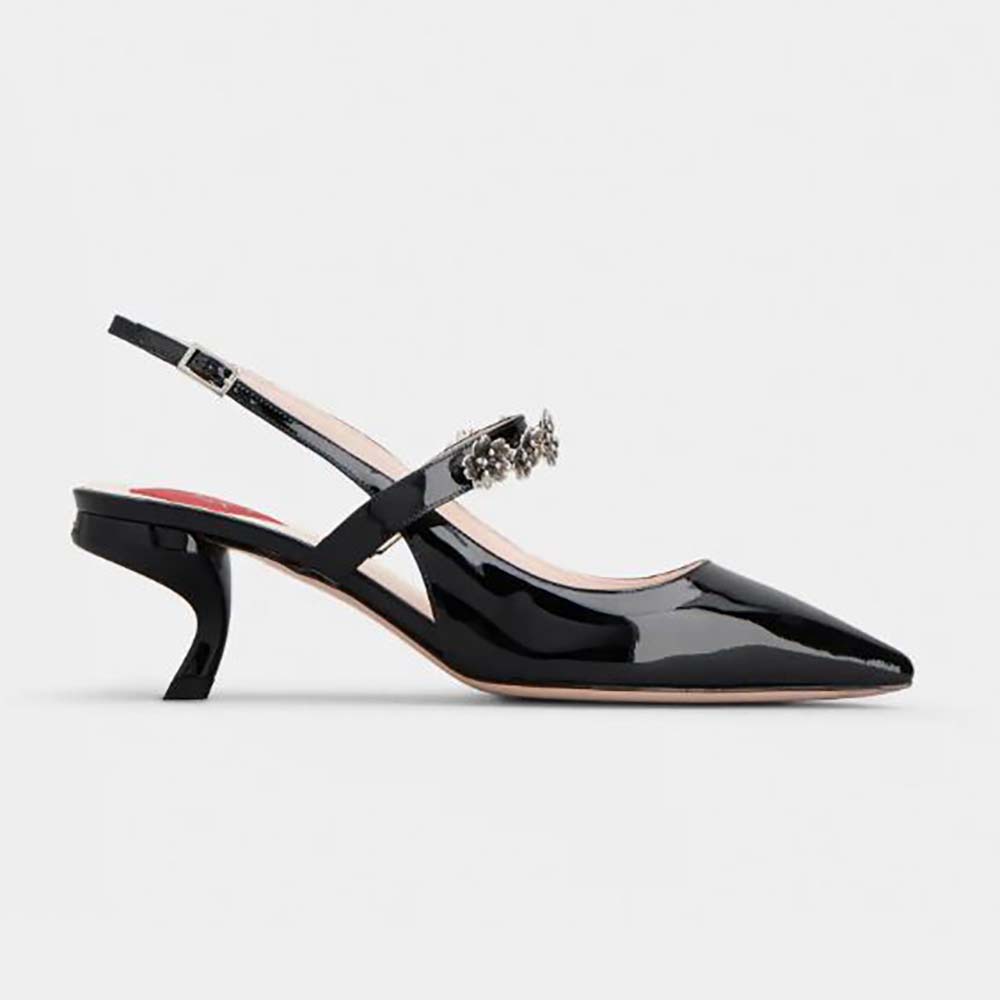 Side view of Roger Vivier Women Virgule Flower Slingback Pumps in Patent Leather-Black